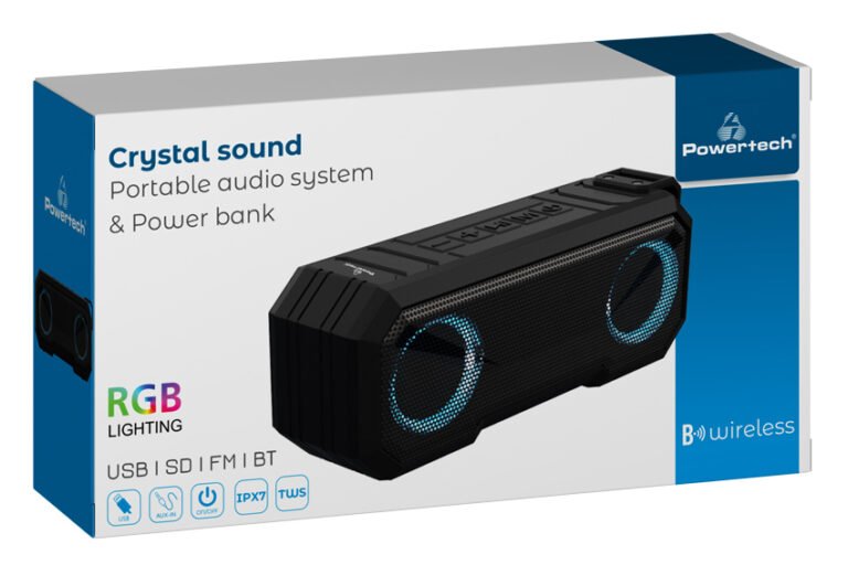 POWERTECH φορητό ηχείο & power bank PT-988 16W RMS, FM, RGB, IPX7, μαύρο