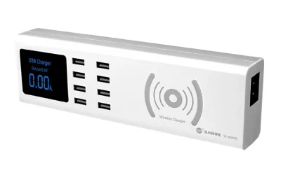 SUNSHINE σταθμός φόρτισης SS-309WD, 8x USB 8A, wireless 10W, λευκός