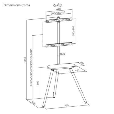 BRATECK βάση δαπέδου FS28-44F-04 για τηλεόραση 43-65" έως 35kg, με ράφι - Image 6